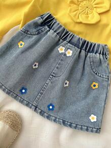 SHEIN Playful Pals 女婴春秋时尚街头风格可爱两件套：黄色长袖花朵装饰上衣和印花牛仔 A 字裙，适合日常穿着、拍照和旅行 - 彩色 - 查看 5