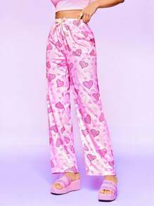 SHEIN Women's Heart Print Bow Decor Lounge Pants Sleepwear Nightwear, Fall - Pink - View 5