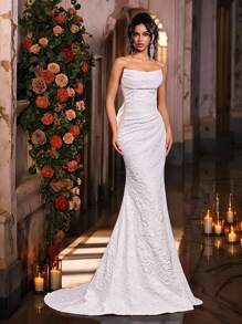 Glamrae Váy Maxi đuôi cá trễ vai bằng vải satin jacquard màu trắng thanh lịch, xẻ tà cao, có thể điều chỉnh dây buộc phía sau, trang trí nơ, thích hợp cho lễ tốt nghiệp, đám cưới, bãi biển, vườn, lễ nhà thờ ngoài trời - trắng - Xem 4