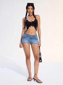 SHEIN Tall 低腰双扣宽腰带水洗迷你牛仔短裤