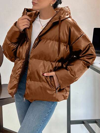 EURMUSE Women's Solid Color Drop Shoulder Long Sleeve Zipper Front PU Leather Casual Hooded Winter Jacket