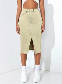 SHEIN PETITE Spódnica damska z rozcięciem i kieszeniami w jednolitym kolorze z jeansu - Kolor khaki - Zobacz 7