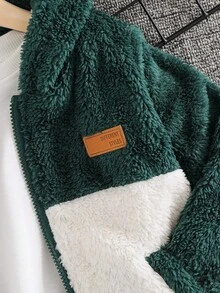SHEIN 秋冬儿童男童休闲可爱贴花撞色拼布毛绒连帽加厚拉链长袖夹克 - 墨綠色 - 查看 5