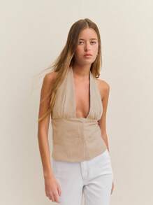 Nöista Halter Backless Top Gingham Vacation Woman Summer Style - Khaki - View 5