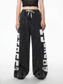 StreetHx Pantalones anchos de chándal holgados con estampado grande y efecto desgastado vintage para mujer - Gris Oscuro - Ver 4