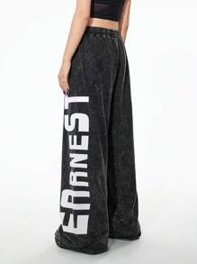StreetHx Pantalones anchos de chándal holgados con estampado grande y efecto desgastado vintage para mujer - Gris Oscuro - Ver 2