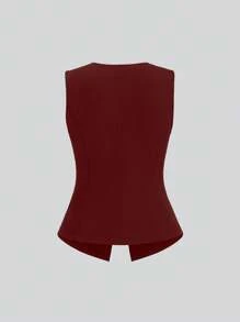 Sweetra 女士夏季金色纽扣无袖上衣和垂坠阔腿裤套装，百搭 - 酒紅色 - 查看 4