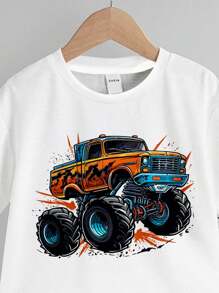 SHEIN Monster Truck & Young Boy Cartoon Pattern Casual Short Sleeve T-Shirt And Shorts 2pcs Set, Summer Retro Kids Outfitboys Outfit Kids Setkids Retro Outfit