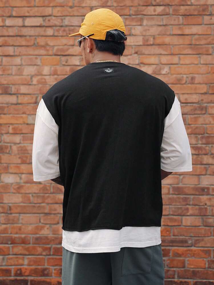 Men's Patchwork Contrast Color Black & White 2 In 1 Tee With Tag Design, Summer