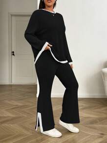 SHEIN PETITE CURVE 2 sztuki/zestaw Plus Size Kontrastowe wykończenie dzianiny żebrowanej z okrągłym dekoltem, długim rękawem i rozciętymi nogawkami, długie spodnie, zimowe ubrania dla kobiet - Czarne i Białe - Zobacz 4
