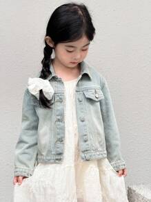 SHEIN Young Girl Long-Sleeved Single Breasted Denim Jacket,Fall Wear Casual And Comfortable To Wear,Winter Jacket - Light Wash - View 4