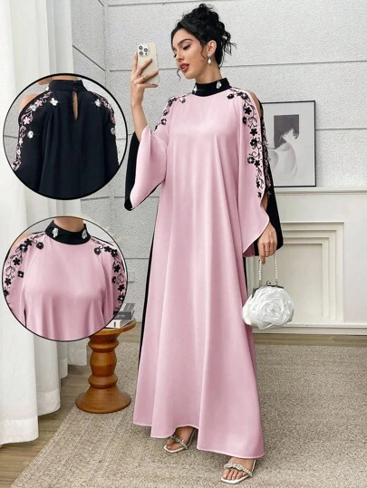 Al Najma Women's Floral Embroidered Off-Shoulder Loose Elegant Arabic Style Dress,Fall Clothes For Women