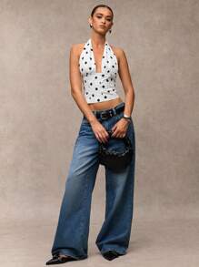 SHEIN BAE Einfaches lässiges Top mit Punkten für Herbst und Winter, geeignet für modische Straßenmode, lässige Tops, italienischen Urlaub, Pendler-Lässig, modische Ausgehtops, Y2K-Top, Off-Shoulder Top, Punkte-Top, Crop Tops - Schwarz und Weiss - Übersicht 4