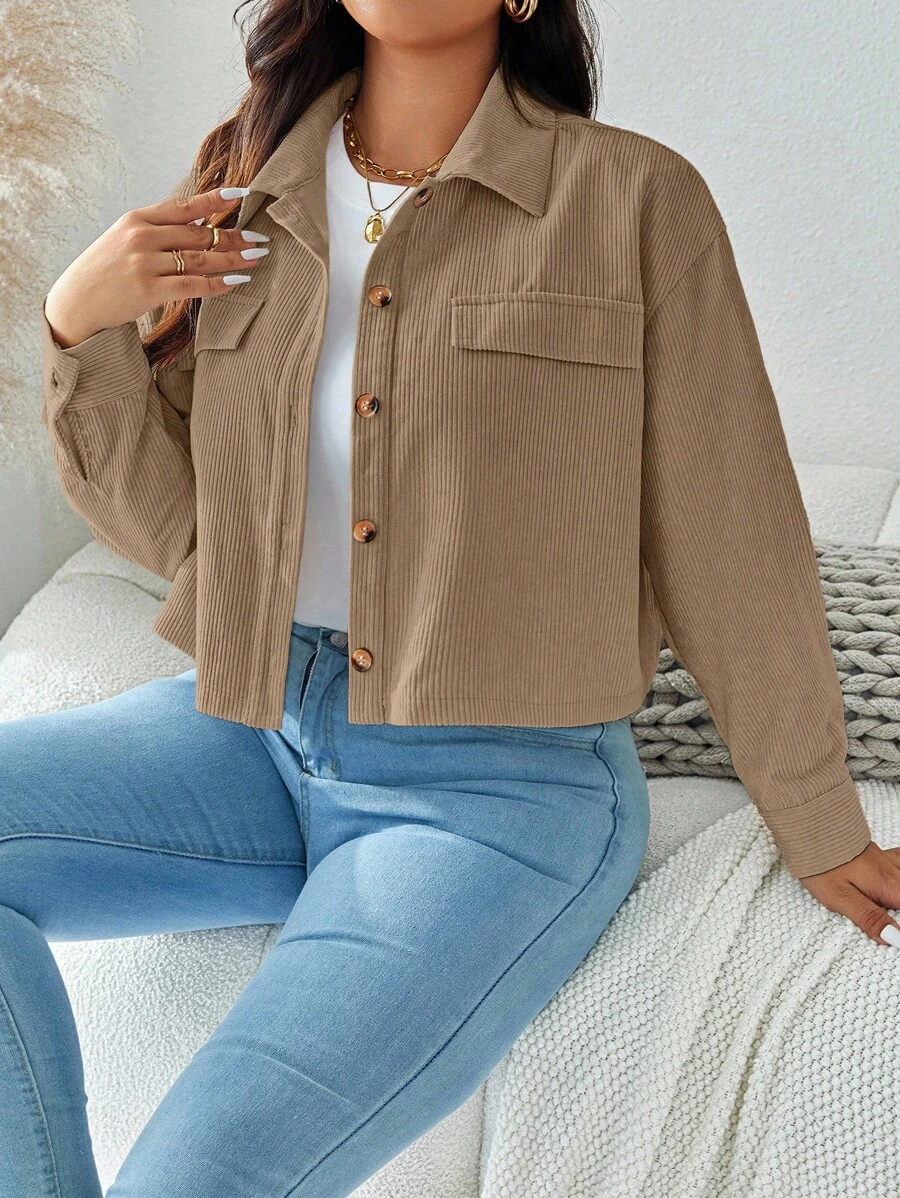 SHEIN LUNE 大码秋装女纯色简约休闲长袖夹克秋季夹克和秋季女装冬装 - 摩卡棕 - 查看 1
