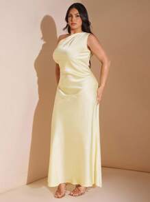SHEIN BAE Đầm maxi hở lưng không đối xứng một bên vai gợi cảm tối giản màu vàng satin trơn cho nữ, thích hợp cho tiệc tùng, tiệc cocktail, dịp trang trọng, váy phù dâu, váy ngắn sinh nhật - Màu vàng - Xem 6