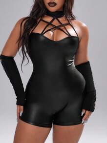 Whyspr Plus Size Women's Spring Summer Stand Collar Pentagram Webbing Hollow Out Sexy Skinny PU Faux Leather Elegant Cool Punk Casual Party Jumpsuit - Black - View 7