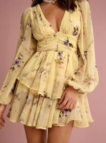 Enchnt Summer Romantic Holiday Elegant Yellow Floral Allover Print Deep V-Neck Lantern Sleeve Women's Summer Cute Mini Dress, Sweet&Elegant For Vacation&Date&Holiday&Party&Graduation&Wedding Guest&Beach,Prom Dress,Summer Dresses For Women,Summer Clothes, ,Elegant Dresses For Party,Bohemian Clothes - Yellow - View 2