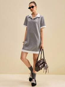 SHEIN Unity 女式拼色 Polo 迷你连衣裙 返校服饰 - 灰色 - 查看 6