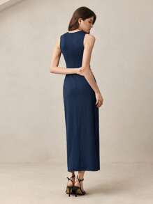 BizChic Navy Blue Women's Dress With Metal Decor Button, Asymmetrical Cut-Out Design, Elegant & Romantic For Casual, Commute, Simple & Fashionable Basic Business Casual Wear, Office Attire, Formal Occasion