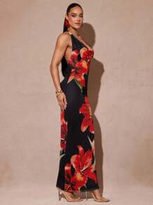 Silquee Summer Knit Dresses Warm Red Floral Print Dress Pink Anthurium Print Dress Tiger Lily Print Dress Printed Mesh Halter Dress, Floral Maxi Dress, Women's Summer Clothing, Women's Beachwear, Women's Beachwear, Spring Break Dresses, Summer Maxi Dresses, Holiday Maxi Dresses, Women's Summer Dresses - Multicolor - View 5