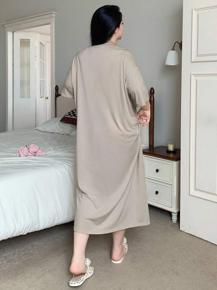 Dazy Plus Plus Size Round Neck Letter Print Loose Straight Nightgown Style Long Tee, For Home Use In Summer Pajama
