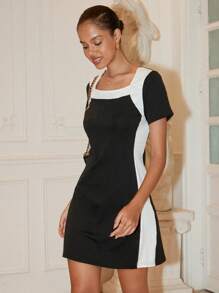 Islaluna Women's Elegant Black & White Short Sleeve Square Neck Dress, Spring/Summer - Black and White - View 4