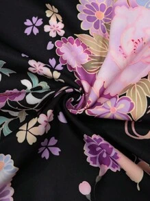 Irokai Elegant Retro Floral Print Japanese-Style Kimono Yukata(Without Fan)