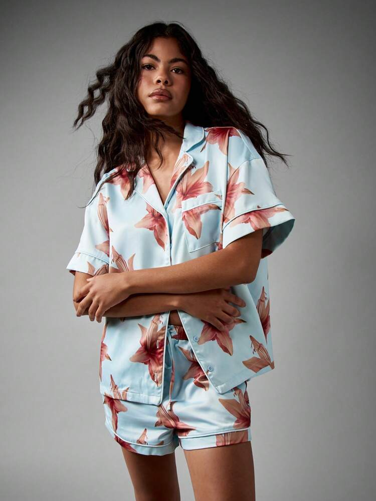 Floral Print Satin Button Down Pajama Set With Shorts