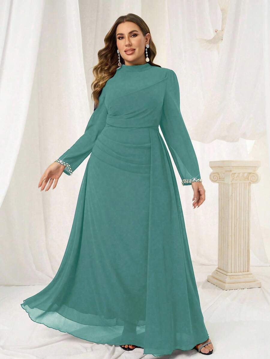 Coutiva Rochie de seară luxoasă, mărime plus, rochie de bal cu paiete și manșete cu perle, rochie elegantă de înaltă calitate pentru doamne nobile