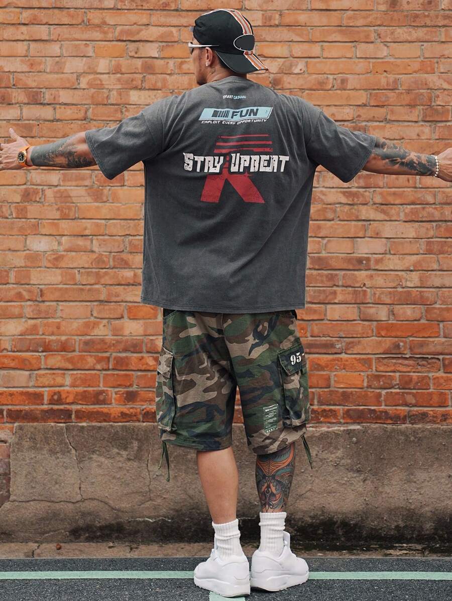 DAZY 夏季男士字母印花深灰色街頭休閒T恤圖案短袖上衣 - 灰色 - 查看 1