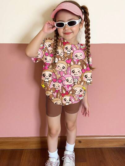 SHEIN Happikins 2pcs/Set Young Girl Casual Simple Loose Crew Neck Short Sleeve T-Shirt And Tight-Fit Cycling Shorts, Pink Toned, Cute & Quirky, Suitable For Summer Kawaii Shirt Cute Shirts For Kids Cute Tops Kid Cute Tops