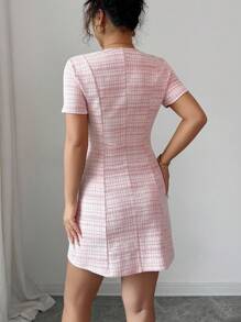 Elenzga 女式仿珍珠纽扣设计格子短袖优雅迷你连衣裙