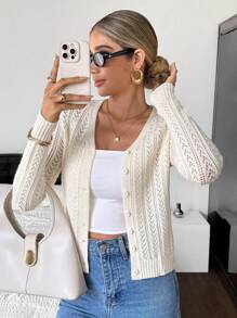 Siren Gaze 女士纯色简约长袖开衫、可爱毛衣、短款毛衣、针织毛衣、秋冬装、黄色女装、长袖上衣 - 杏色 - 查看 3