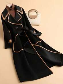 Ellevyn معطف كاجوال من الصوف بياقة وأكمام طويلة ومزدوج الصدر لحريمي بمقاسات كبيرة - الأسود - مشاهدة 3