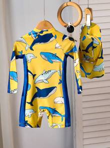 SHEIN 2 件套年轻男孩度假可爱卡通印花撞色长袖防晒衣和帽子套装，适合海滩、泳池、春夏季节