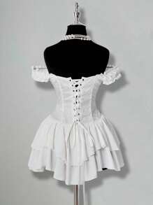 SHEIN ICON 女式白色褶皱提花褶饰腰部面板荷叶边露肩多层荷叶边下摆 A 字形雪纺迷你连衣裙，优雅适合派对和年轻女孩 - 白色 - 查看 2