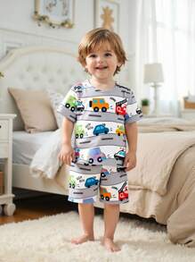 Baby Boy Car Print Casual Knit Pajama Set With Short Sleeve Tee And Shorts, Summer - Grey - View 6