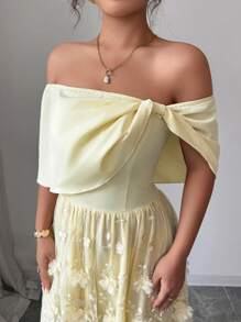 Elenzga Women's Summer Holiday Bohemian Bowknot Off Shoulder Mesh Embroidered A-Line Dress - Butter Yellow - View 4