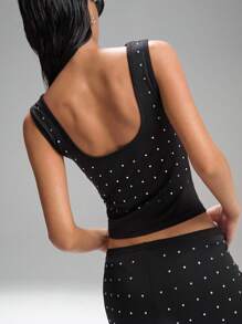 LYSMO Women's Fashion Rhinestone Decor Asymmetric Collar Top, Minimalist Chic,Grunge And Punk Chic, Y2K Clothes, Edgy Clothes Woman And Unique Clothes 2025 New Arrival - Black - View 2