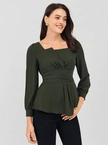 Miaspire 女士纯色方领泡泡袖不对称下摆优雅衬衫，绿色秋季衬衫，长袖上衣