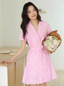 K-Vae Women's Pink Stripe Summer Casual Brunch Shirt Mini Dress,Short Sleeve Single Breasted Mottled Collar College Dress,Back To School Teacher Outfits - Baby Pink - View 6