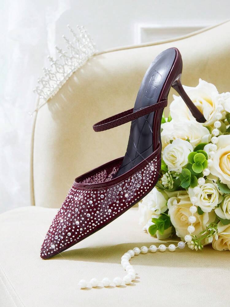 CUCCOO HITCHD Scarpin Feminino Vermelho Borgonha de Tela com Bico Fino e Salto Alto, Sapatos de Salto Médio Elegantes com Aplicação de Strass para Ocasiões Formais, Casamento, Festa, Temporada de Festas