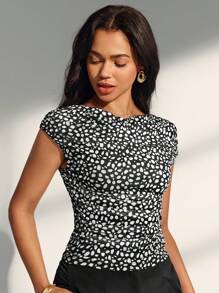 Almamuse Summer Black Polka Dot Print Drawstring Neck Sleeveless Blouse - Black - View 7