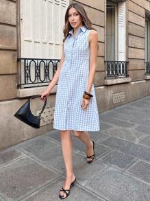 Pariaura 女士格子印花无袖休闲夏季连衣裙，适合大学穿着的夏季连衣裙 - 藍色 - 查看 3