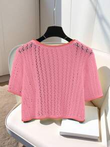 Chiquease Women Contrast Trim Hollow-Out Knit Lightweight Cardigan - Pink - View 2