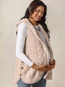 Boho Mama 孕妇休闲纯色无袖连帽开衫，秋冬 - 卡其色 - 查看 4