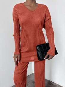 EURMUSE 2pcs/Set Women Casual Solid Long Sleeve Top And Pants Set - Redwood - View 4