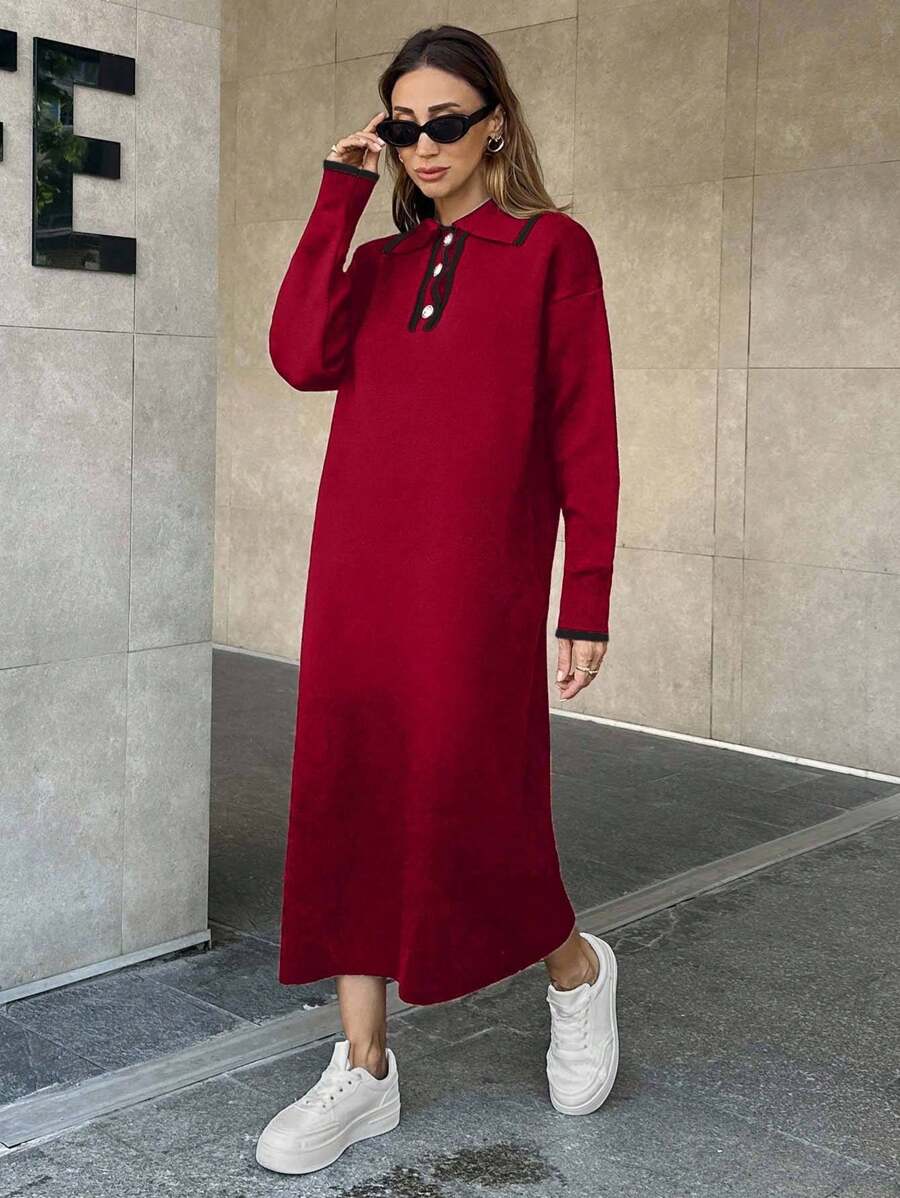 EURMUSE Abito in maglia con collo alla polo da donna - Rosso - Visualizzare 1