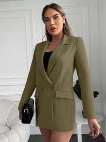 EURMUSE 女式纯色斑驳翻领长袖双排扣休闲西装外套 - 橄欖綠 - 查看 5