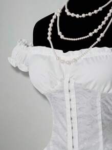 SHEIN ICON 女式白色褶皱提花褶饰腰部面板荷叶边露肩多层荷叶边下摆 A 字形雪纺迷你连衣裙，优雅适合派对和年轻女孩 - 白色 - 查看 4